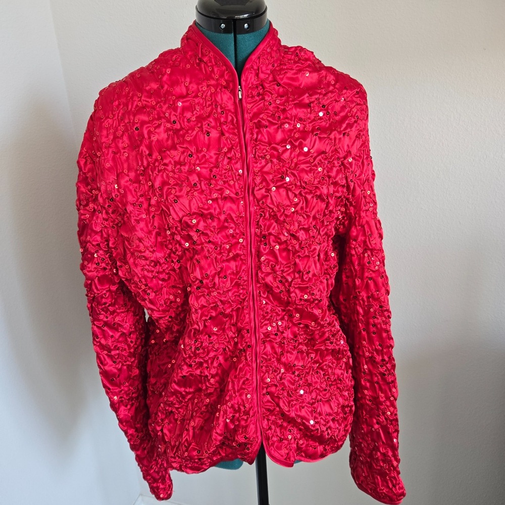 Scarlett Nite Womens Red Sequin Crinkle Zip up Jacket Size XL Mandarin Collar